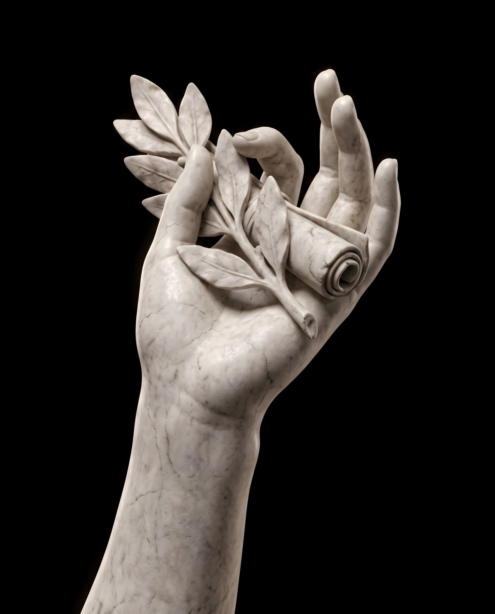Classical hand holding laurel branch sculpture detailed view